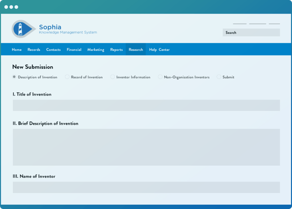 A form submission within the Wellspring software, with input fields related to an invention.