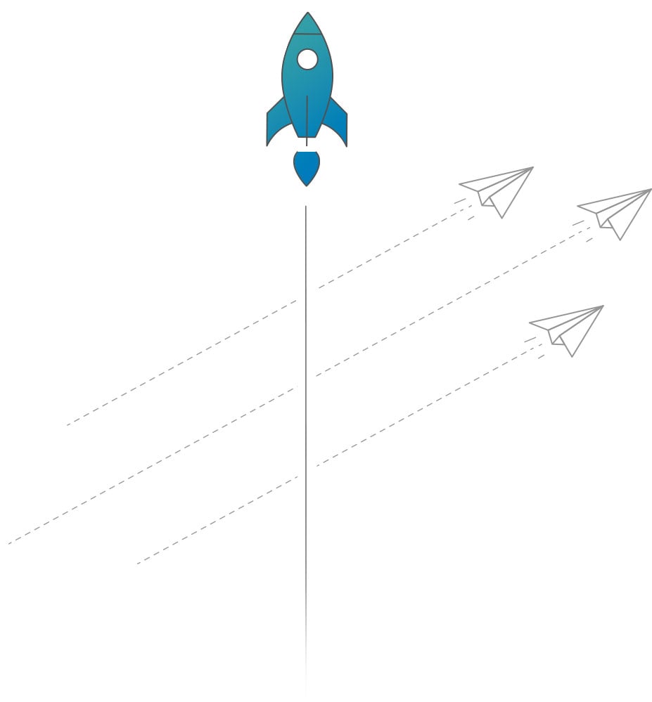 A rocket moving upward past three paper airplanes.