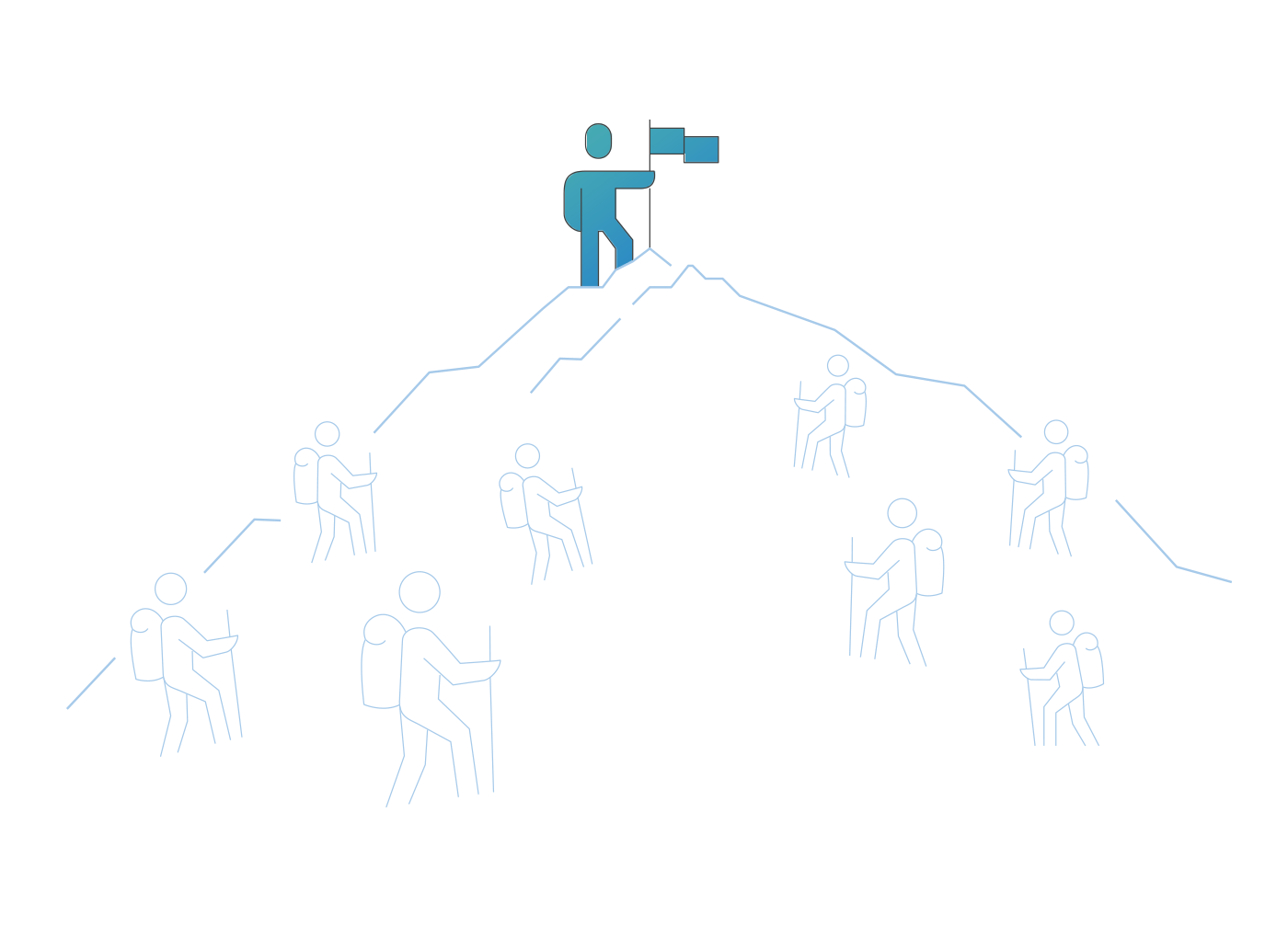 Climbers moving up a mountain, with one having reached the summit and staked a flag.