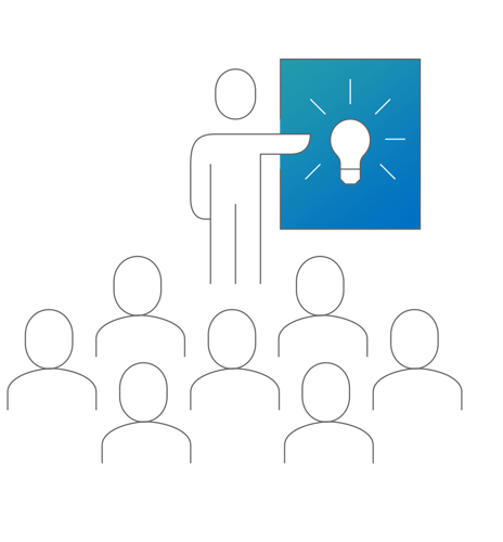 An audience watching a presenter point to a shining light bulb, indicating a new invention.