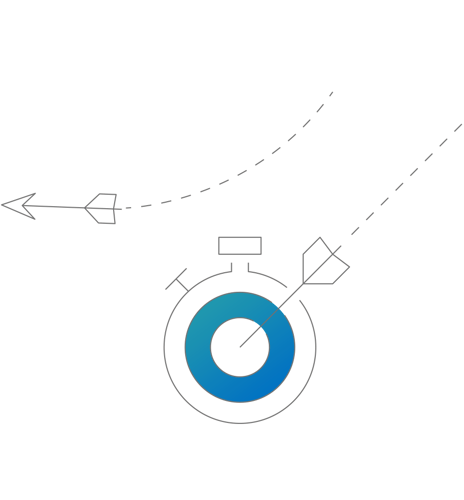 Two arrows after having been shot at a stopwatch with a target on it. One arrow has missed, and one has hit the target.