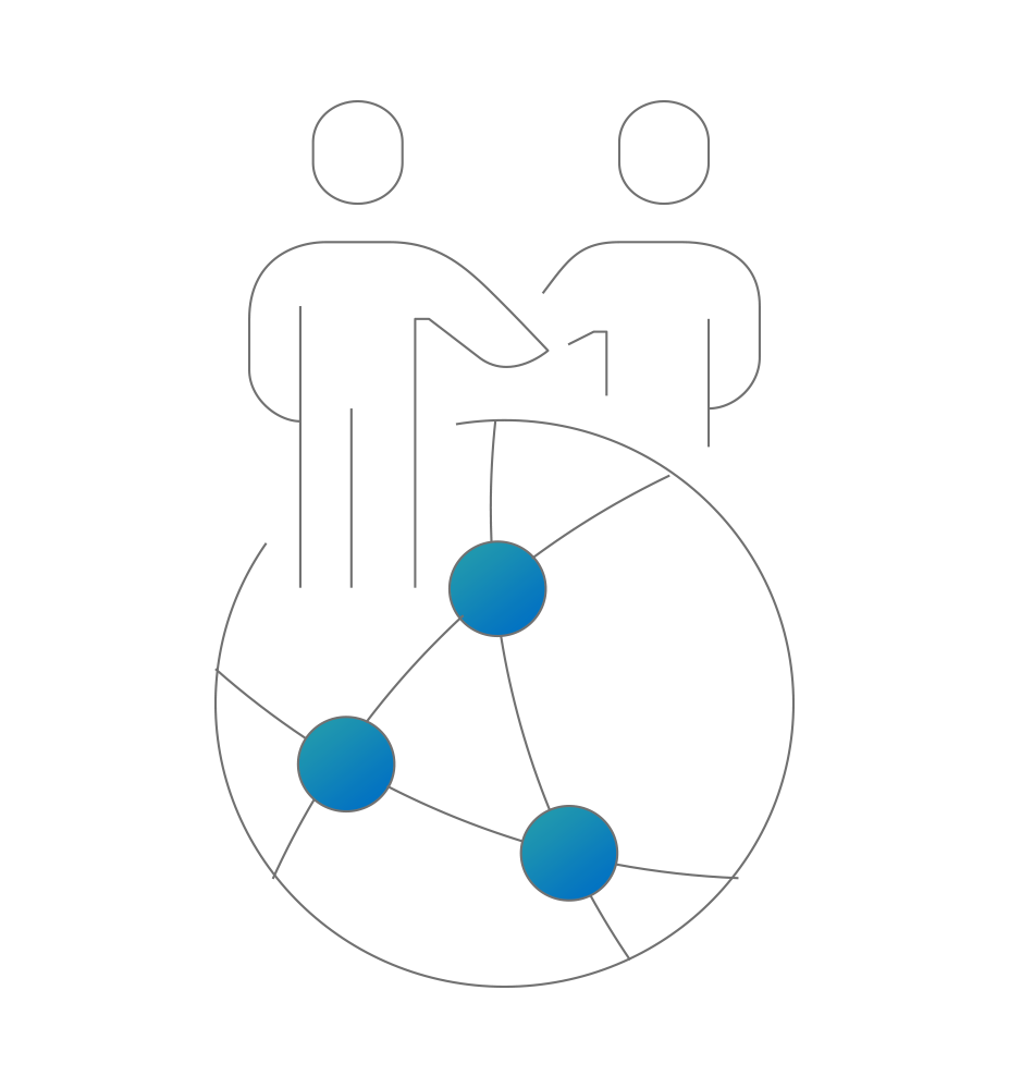 Two men standing on a sphere, inside of which there are three connected blue dots