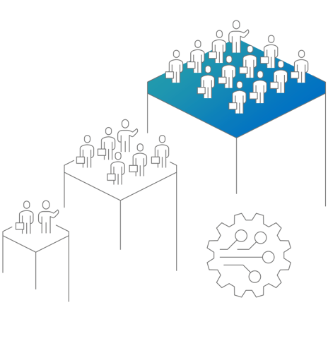 Three columns with tech transfer professionals, where each column is wider and taller than the one before it