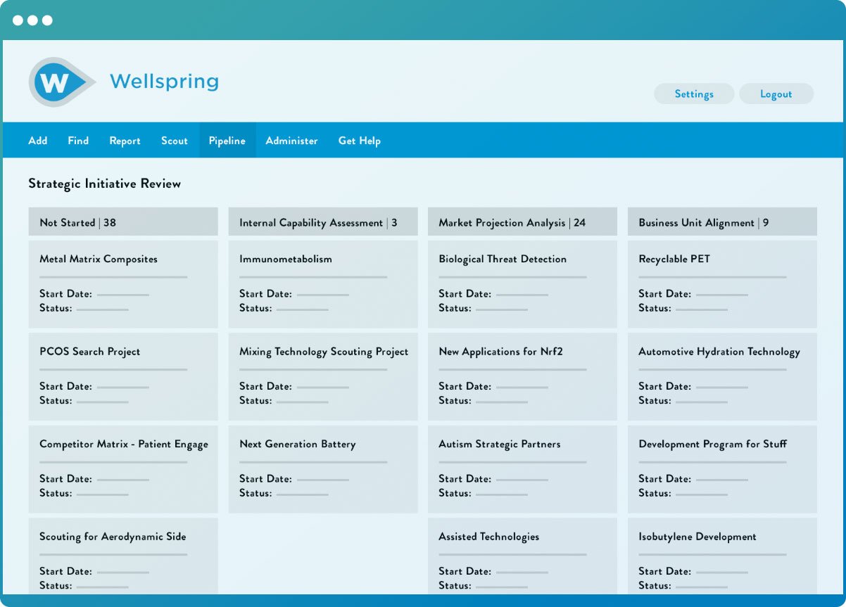 Wellspring software showing all of the projects in the user's scouting pipeline.