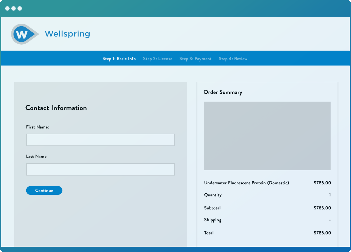 The checkout phase within Wellspring's Flintbox software, showing how individuals can license new technology online.