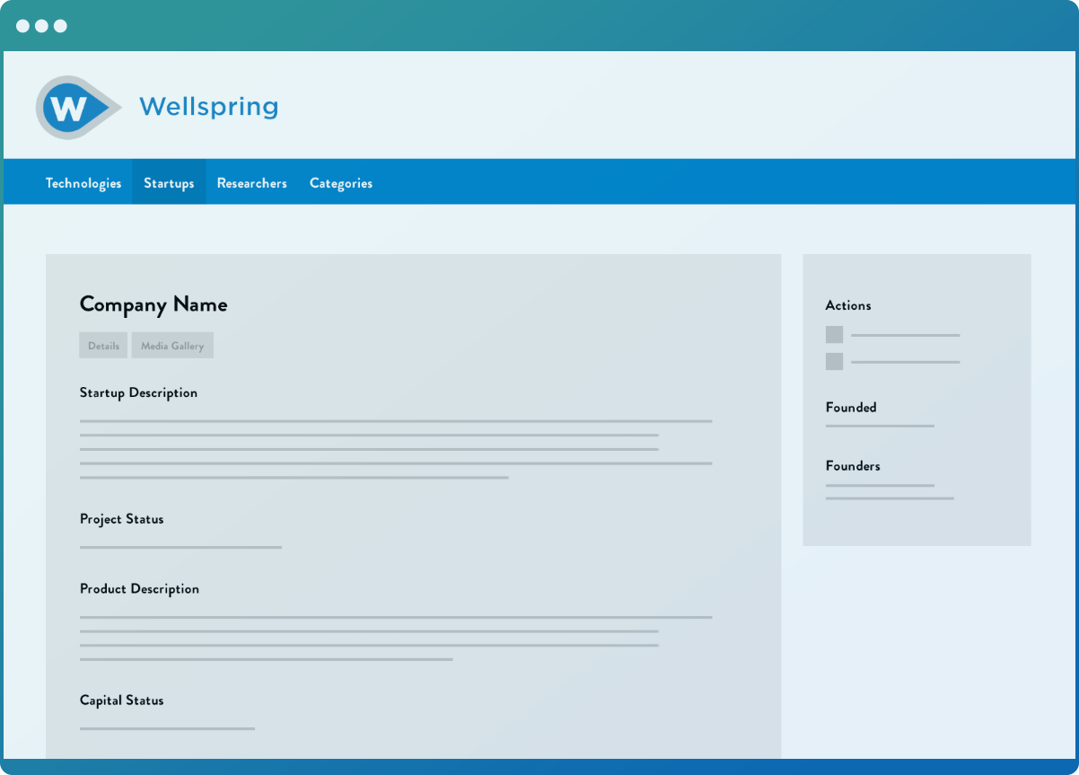 The startups section of Wellspring's Flintbox software, demonstrating how startups can promote their new technologies.
