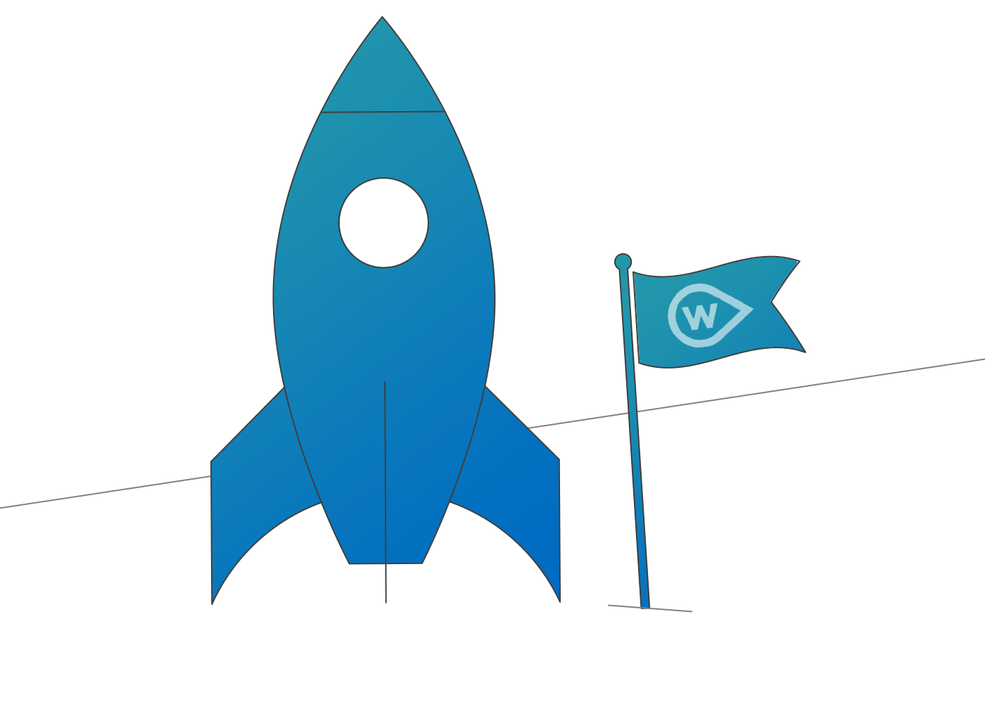 A rocket in space next to a flag emblazoned with the Wellspring logo.